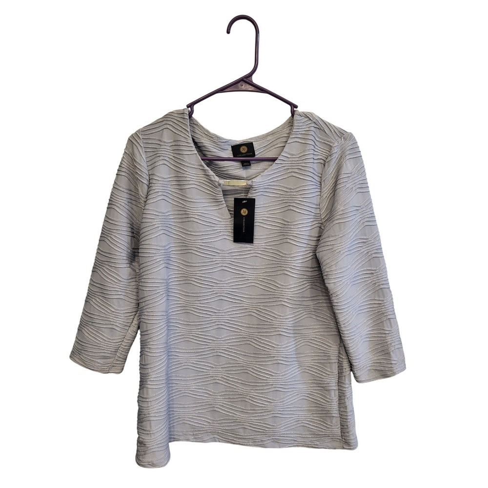 JM Collection Keyhole Blouse Womens Small Silver Textured Metallic 3/4 Sleeve